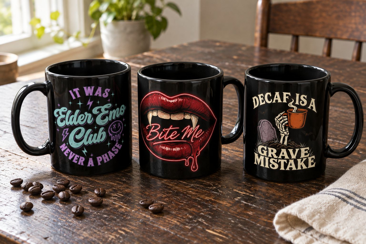 Gothic and funny mugs and drinkware collection