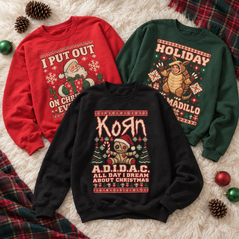 Ugly Christmas sweatshirts from the Tacky Sweatshirt Society collection