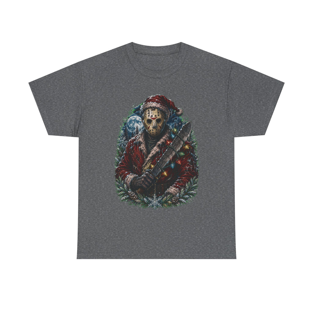 Horror Christmas Tee — Jason Holiday Killer Mask with Festive Machete