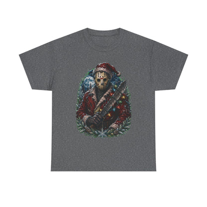 Horror Christmas Tee — Jason Holiday Killer Mask with Festive Machete
