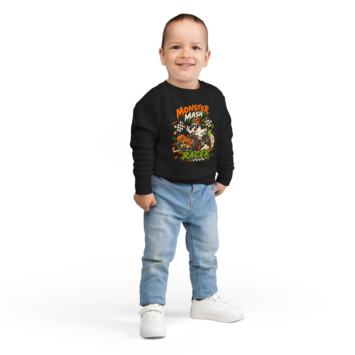 Monster Mash Racer Toddler Sweatshirt - Halloween Ghost Racing Pullover for Kids