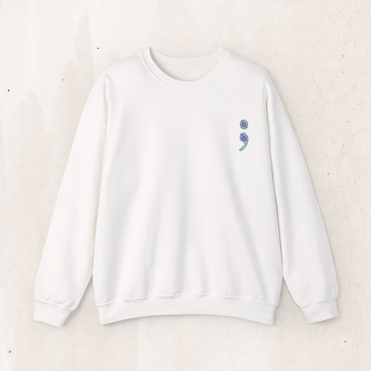 Purple and teal flag semicolon suicide awareness crewneck sweatshirt in white