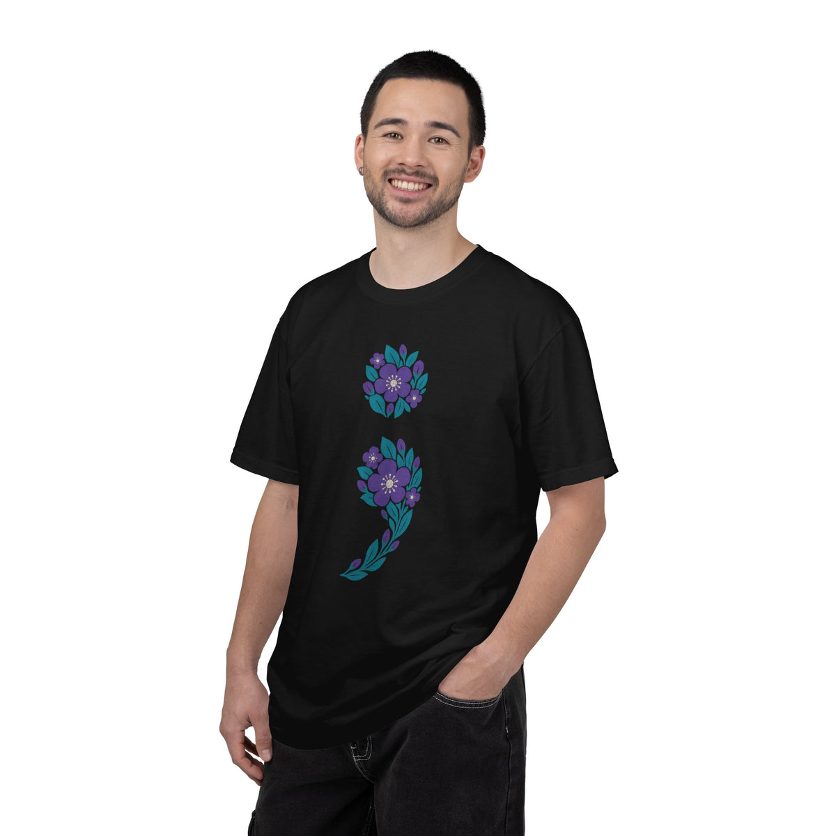 Floral semicolon suicide awareness t-shirt in black