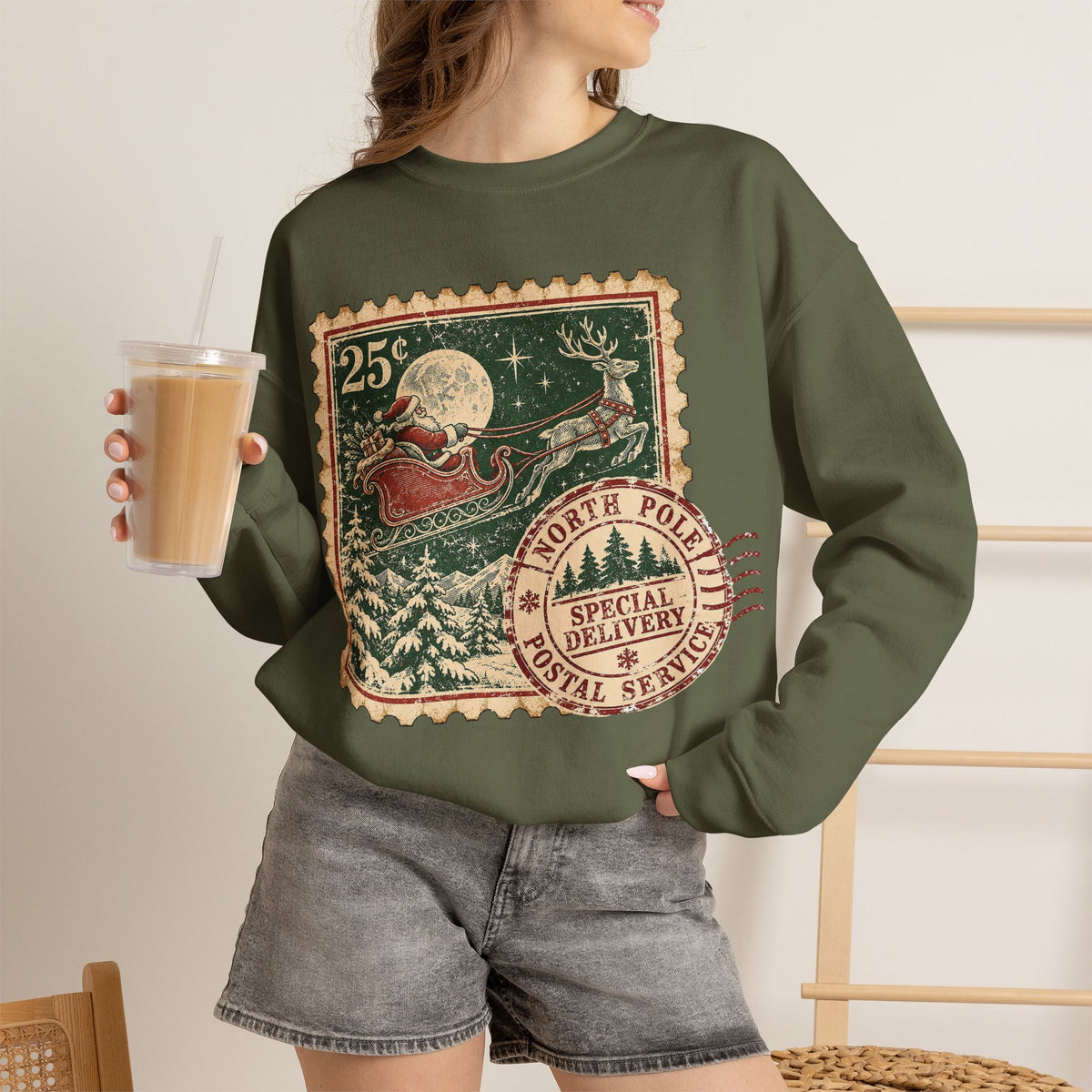 Vintage North Pole Christmas Santa Sweatshirt, Retro Santa Postage Stamp Crewneck
