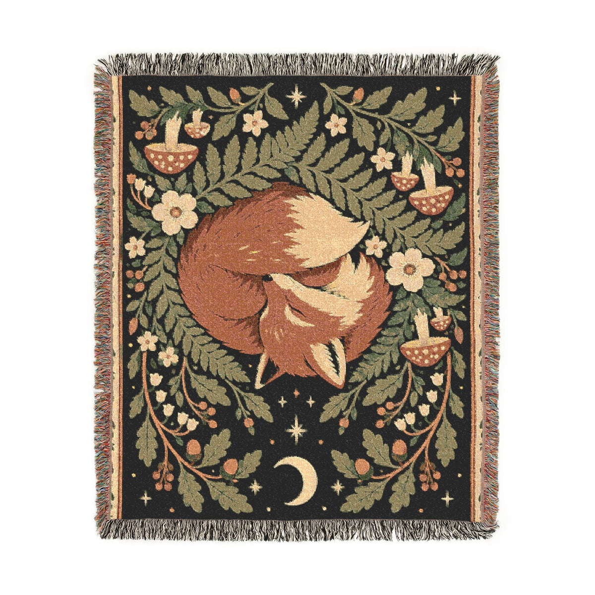 Fox Moon Woven Blanket — Cozy Floral Woodland Throw Printify