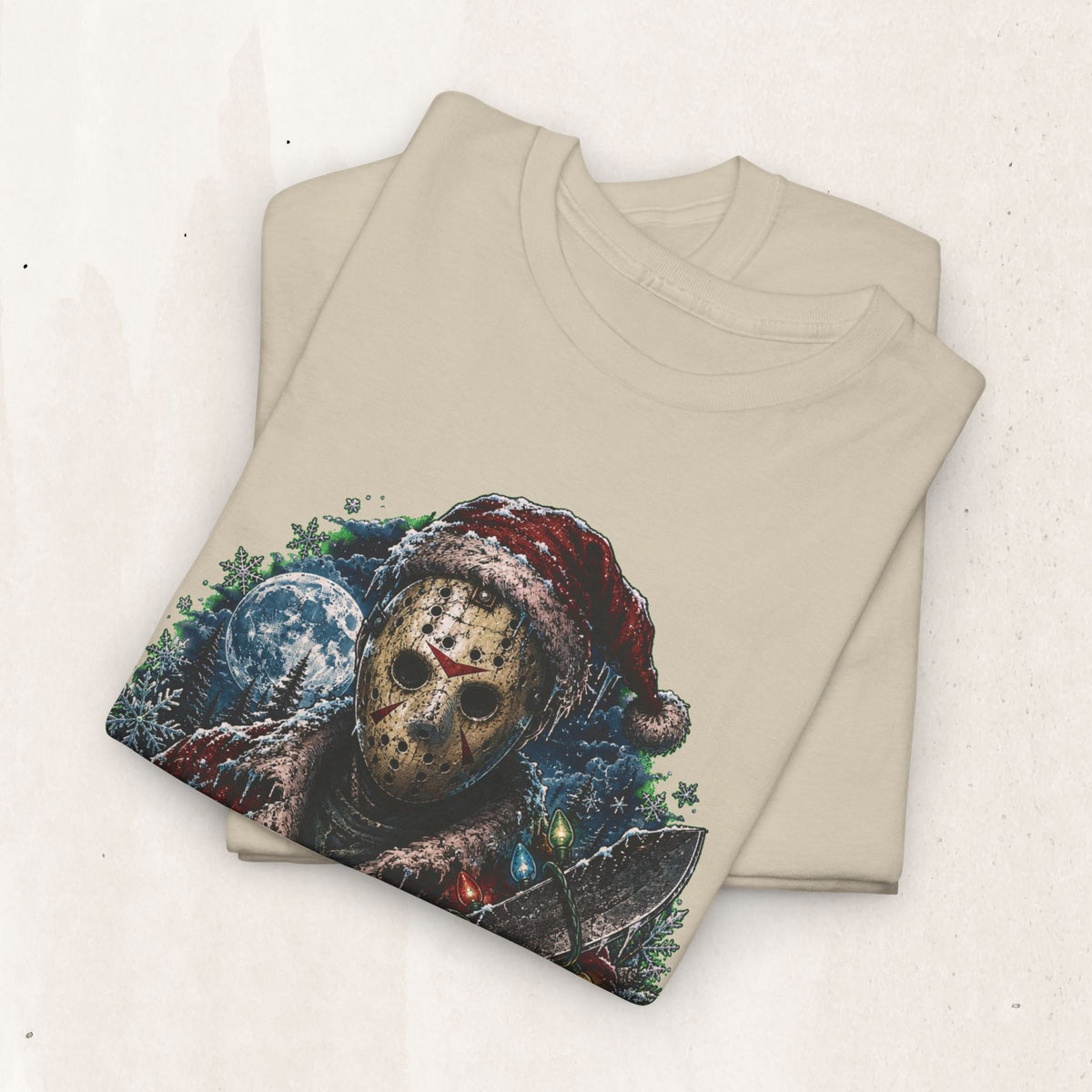 Horror Christmas Tee — Jason Holiday Killer Mask with Festive Machete