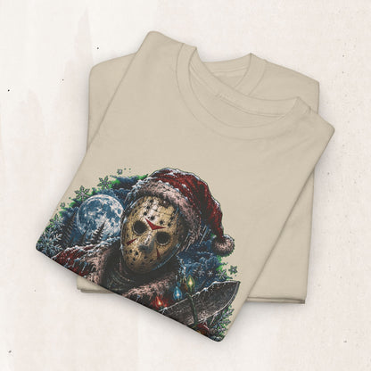 Horror Christmas Tee — Jason Holiday Killer Mask with Festive Machete