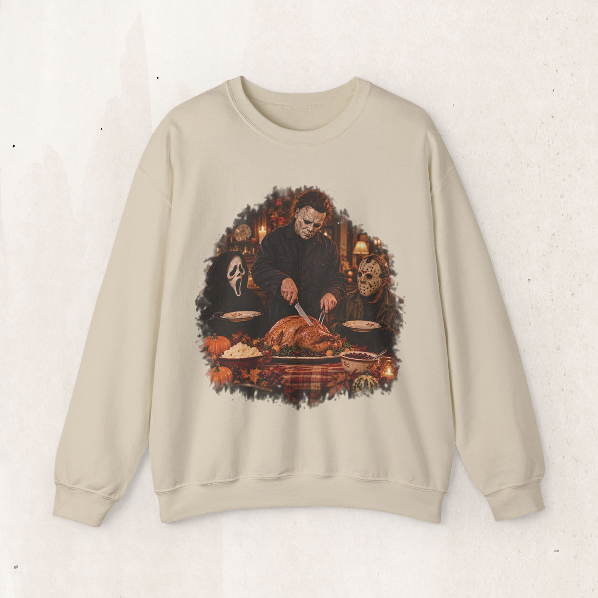 Michael Myers, Ghostface and Jason Thanksgiving sweatshirt in Sand, front view