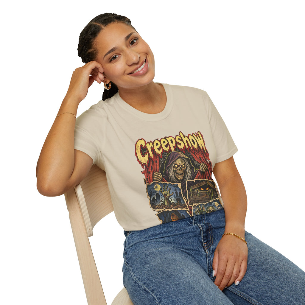 Creepshow Retro Horror T‑Shirt — Vintage Skull & Curtains Graphic Tee