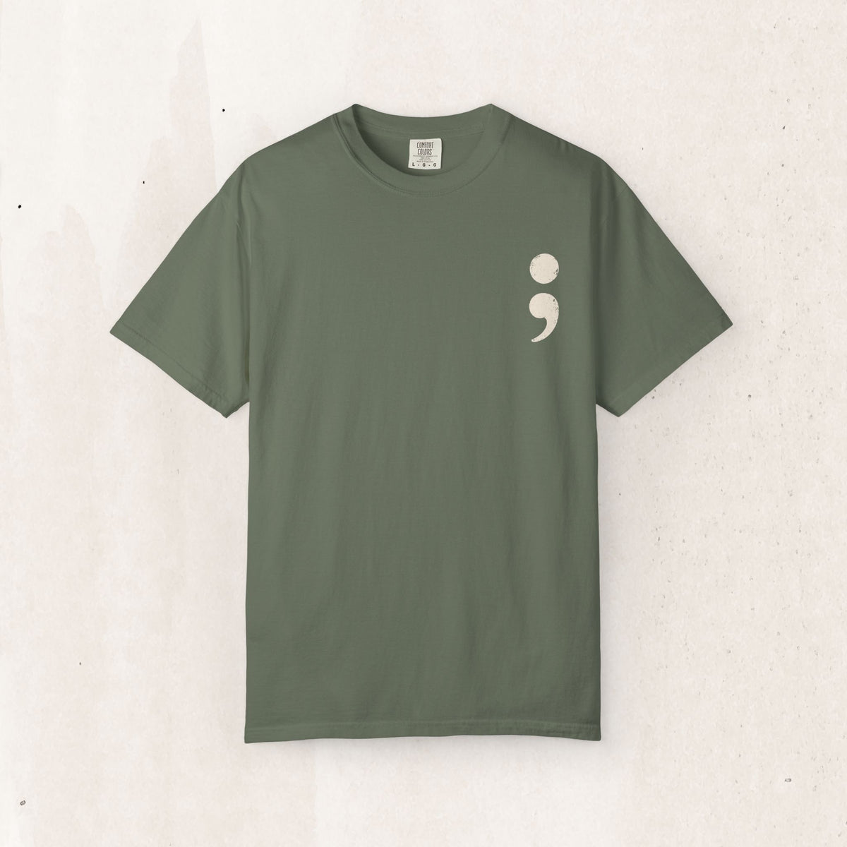 Minimalist semicolon suicide awareness t-shirt in moss