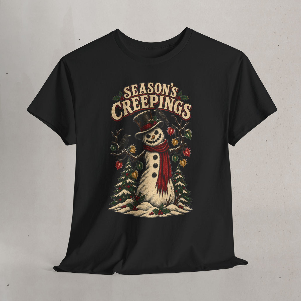 Season's Creepings Snowman Tee — Vintage Spooky Holiday T-Shirt