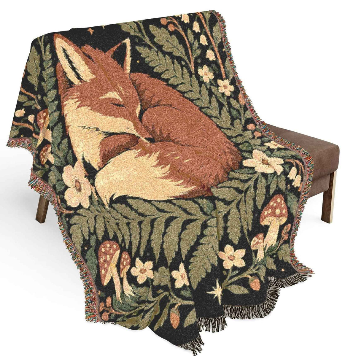 Fox Moon Woven Blanket – Cozy Floral Woodland Throw