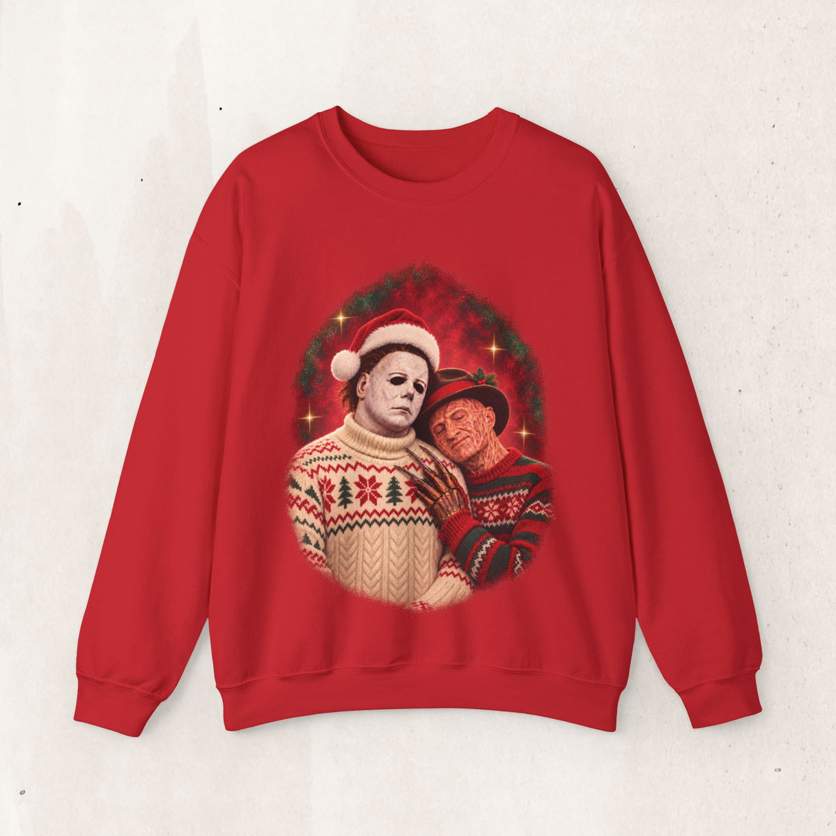 Freddy Krueger and Michael Myers 80s glamour portrait horror Christmas sweatshirt