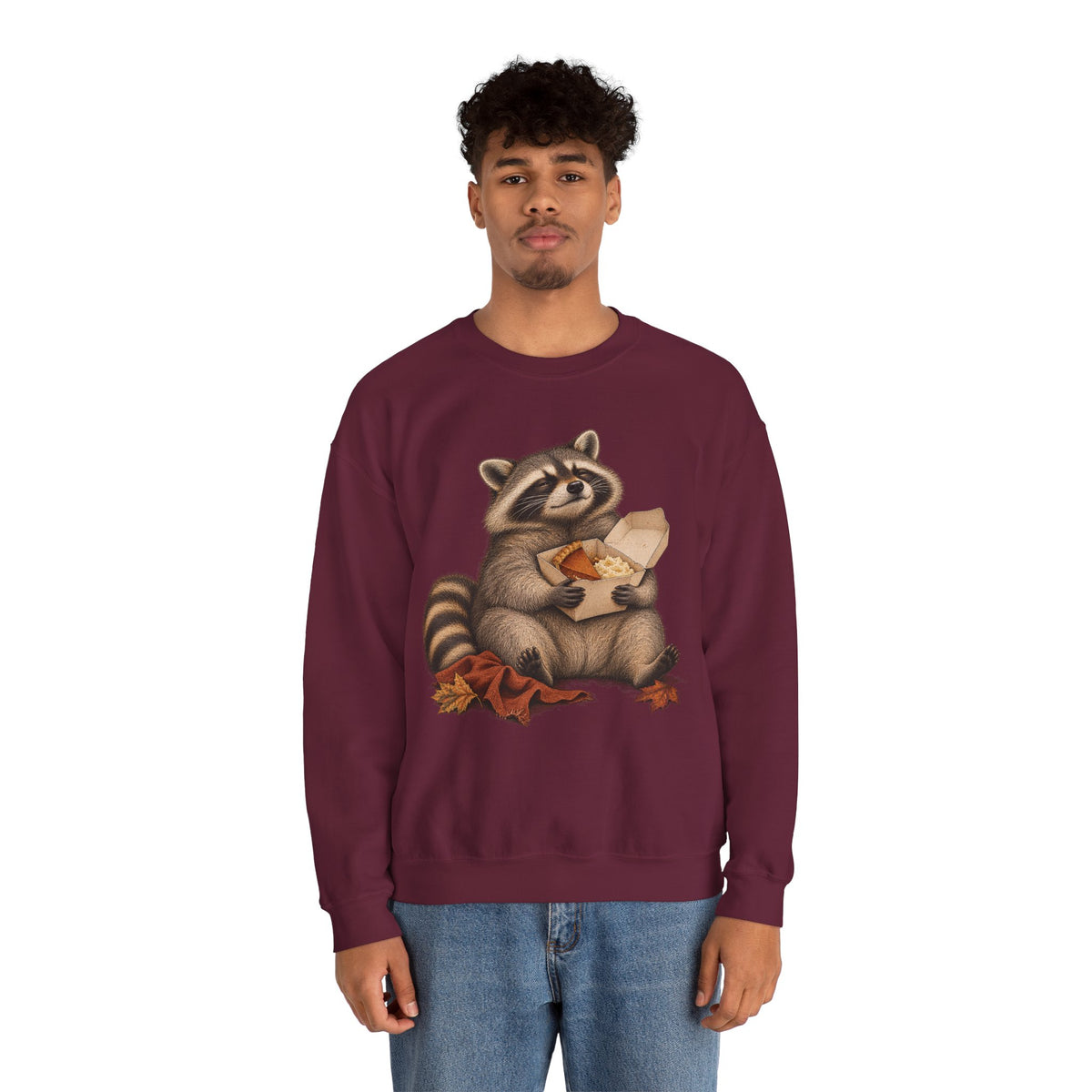 Cute raccoon fall crewneck sweatshirt with a vintage raccoon holding a mug in autumn leaves