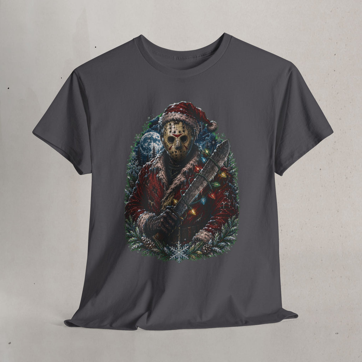 Horror Christmas Tee — Jason Holiday Killer Mask with Festive Machete