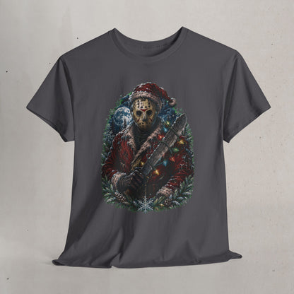 Horror Christmas Tee — Jason Holiday Killer Mask with Festive Machete