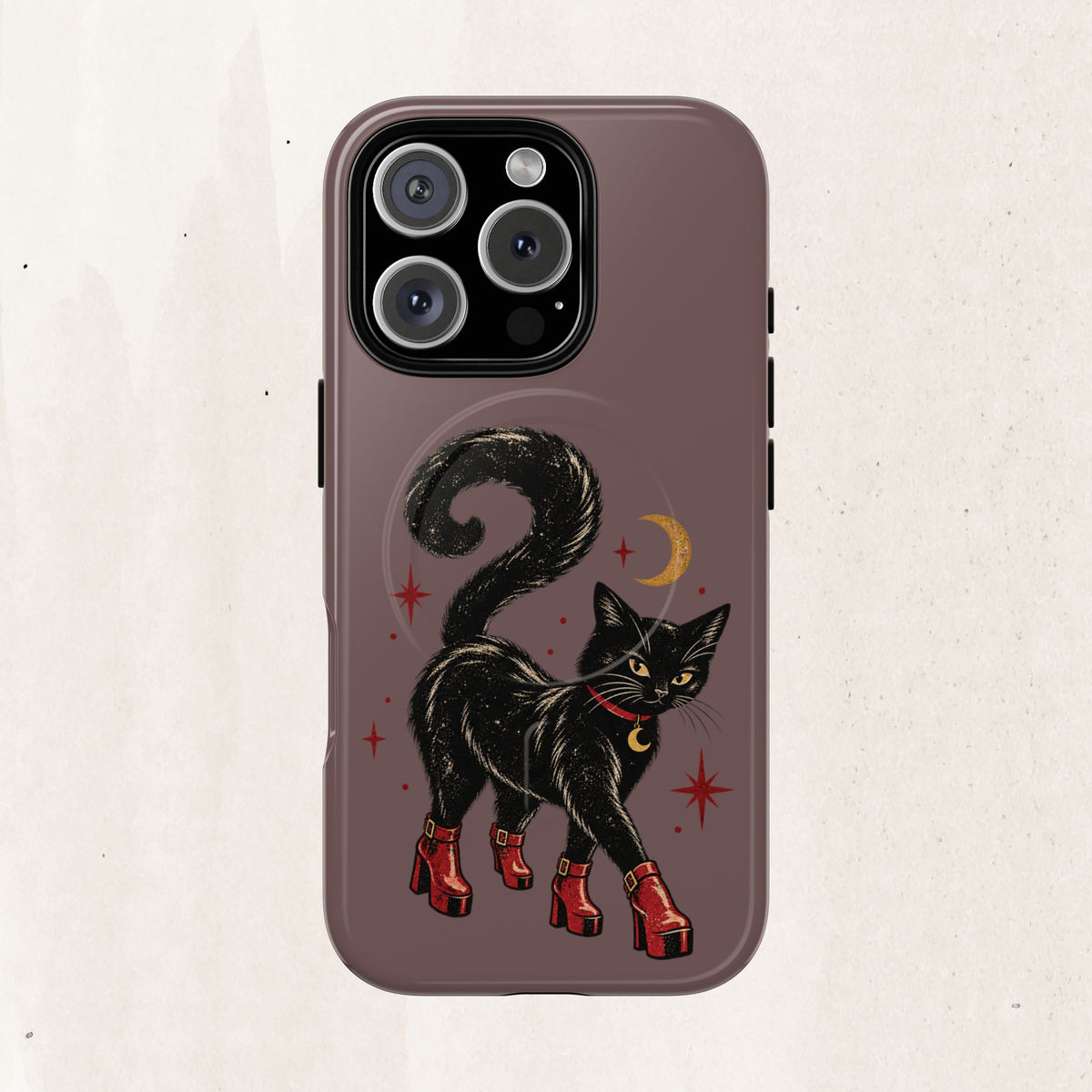 Magnetic Phone Case — Black Cat in Red Boots Design