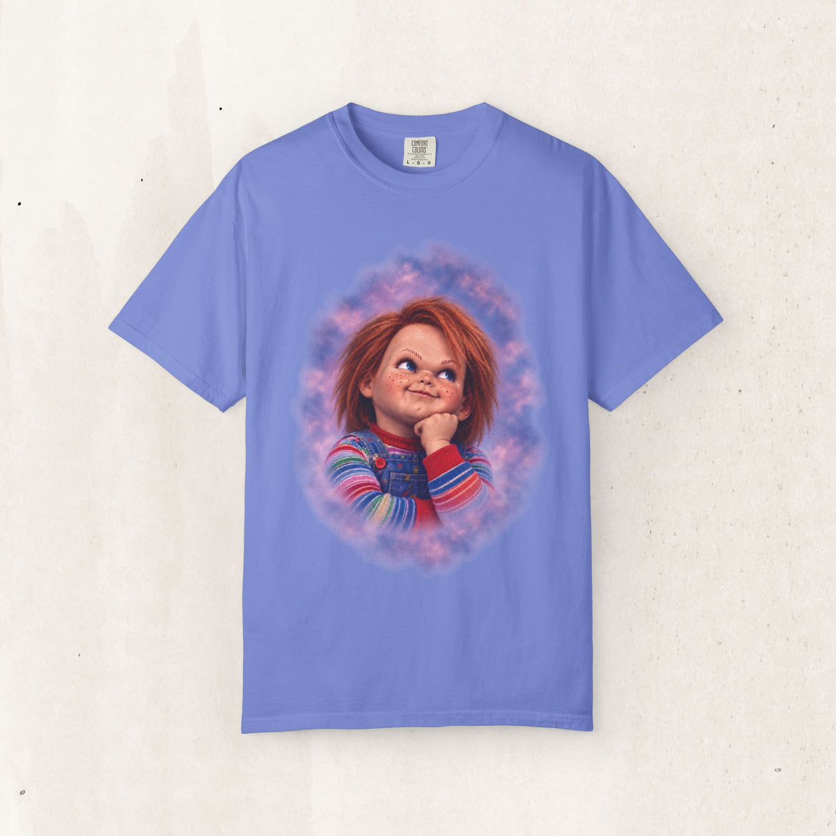 Chucky 80s Portrait Tee – Retro Horror Glamour Shot Shirt – Flo Blue