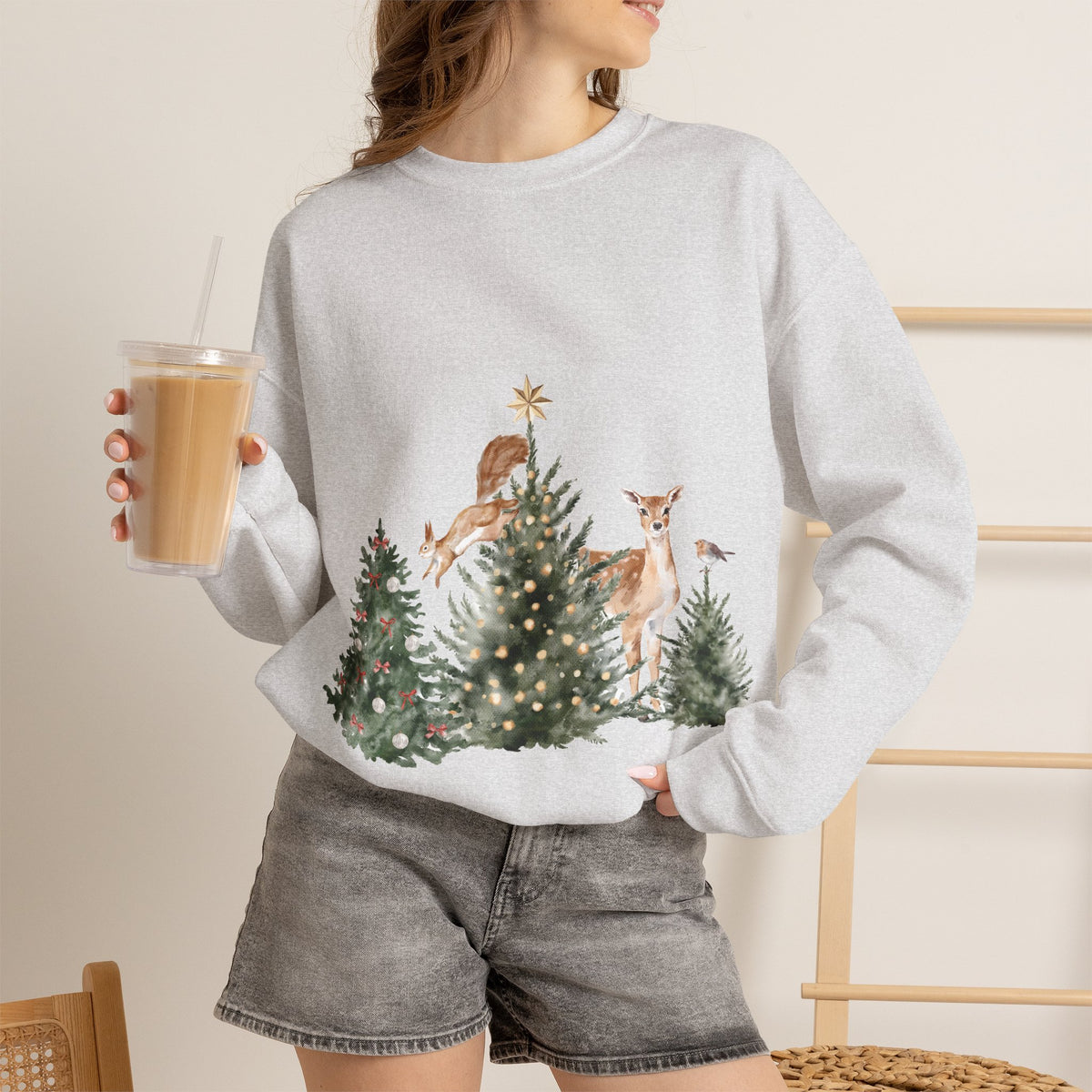 Christmas Woodland Deer Crewneck Sweatshirt Printify