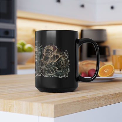 Horror Monsters Mug — Classic Universal Monsters Black Coffee Cup (11oz/15oz)