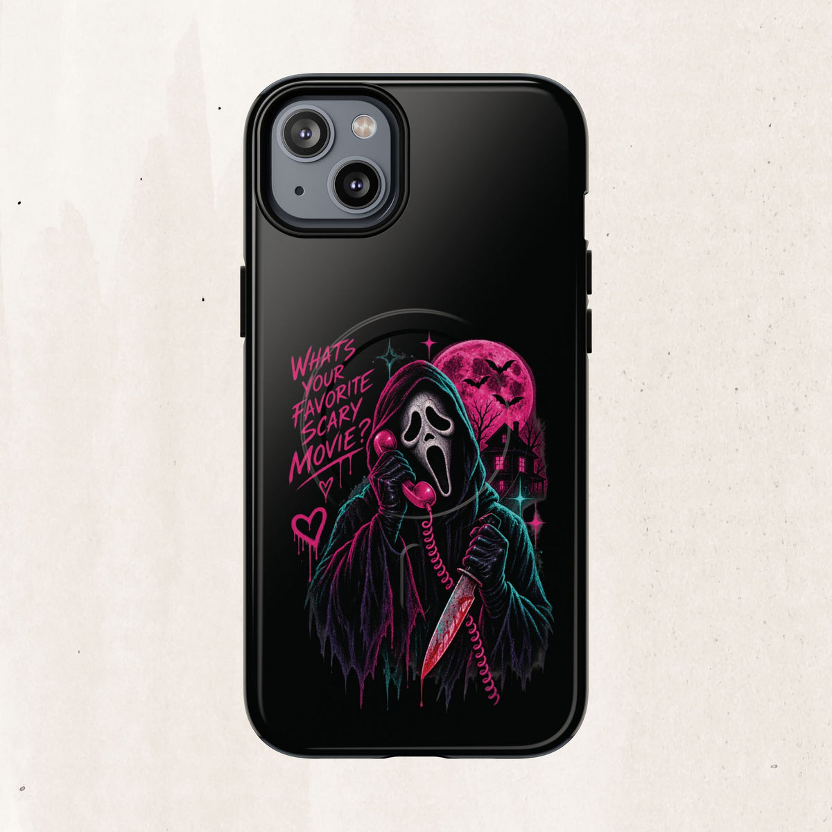 Magnetic Phone Case — Neon 'What's Your Favorite Scary Movie?' Horror Design