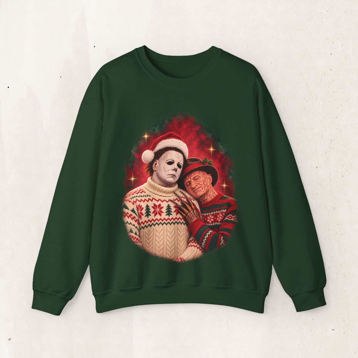 Freddy Krueger and Michael Myers 80s glamour portrait horror Christmas sweatshirt