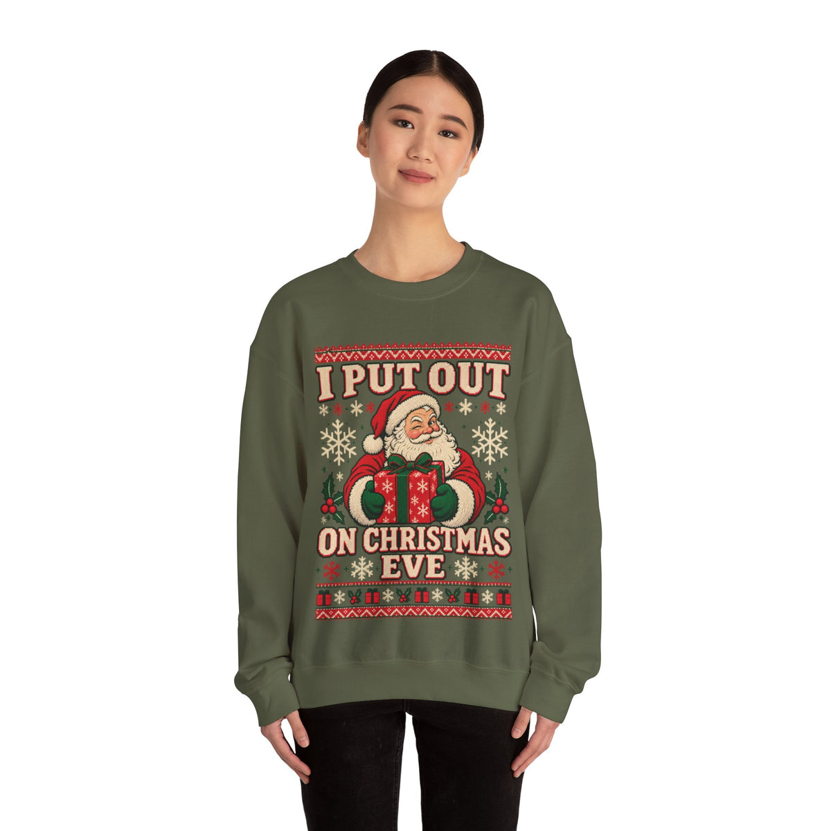 I Put Out on Christmas Eve Santa Ugly Christmas Sweatshirt in Red, alternate view
