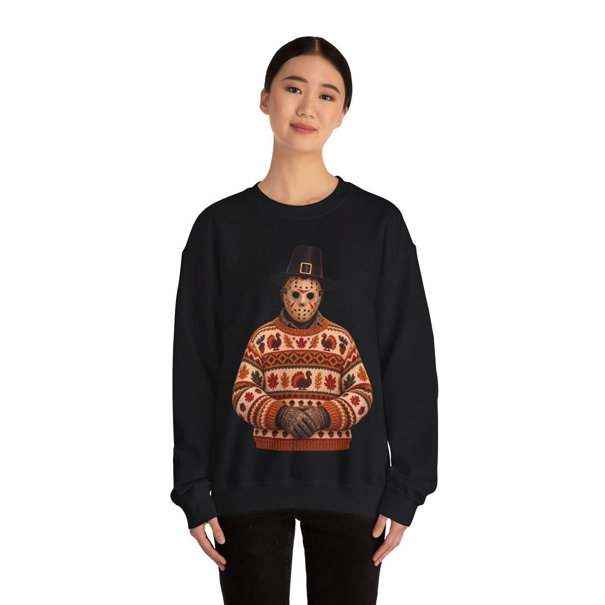 Jason Voorhees Thanksgiving horror crewneck sweatshirt in black
