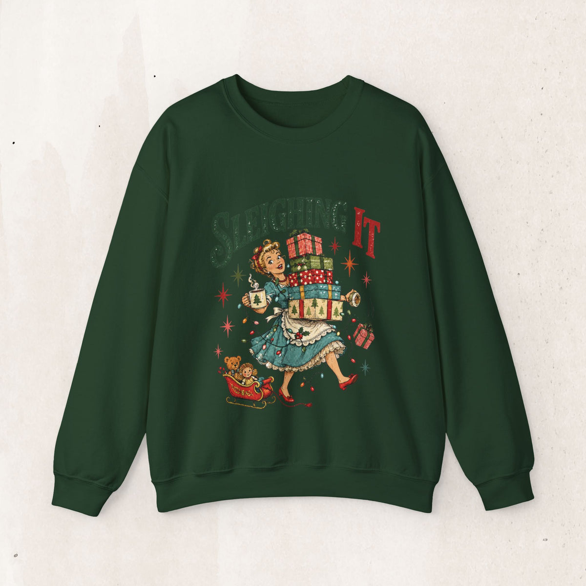 Sleighing It Christmas Crewneck Sweatshirt — Retro Holiday Gifts Design
