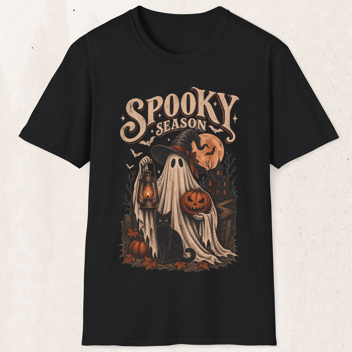 Spooky Season Graphic Tee – Vintage Ghost & Witch Hat Shirt – Black
