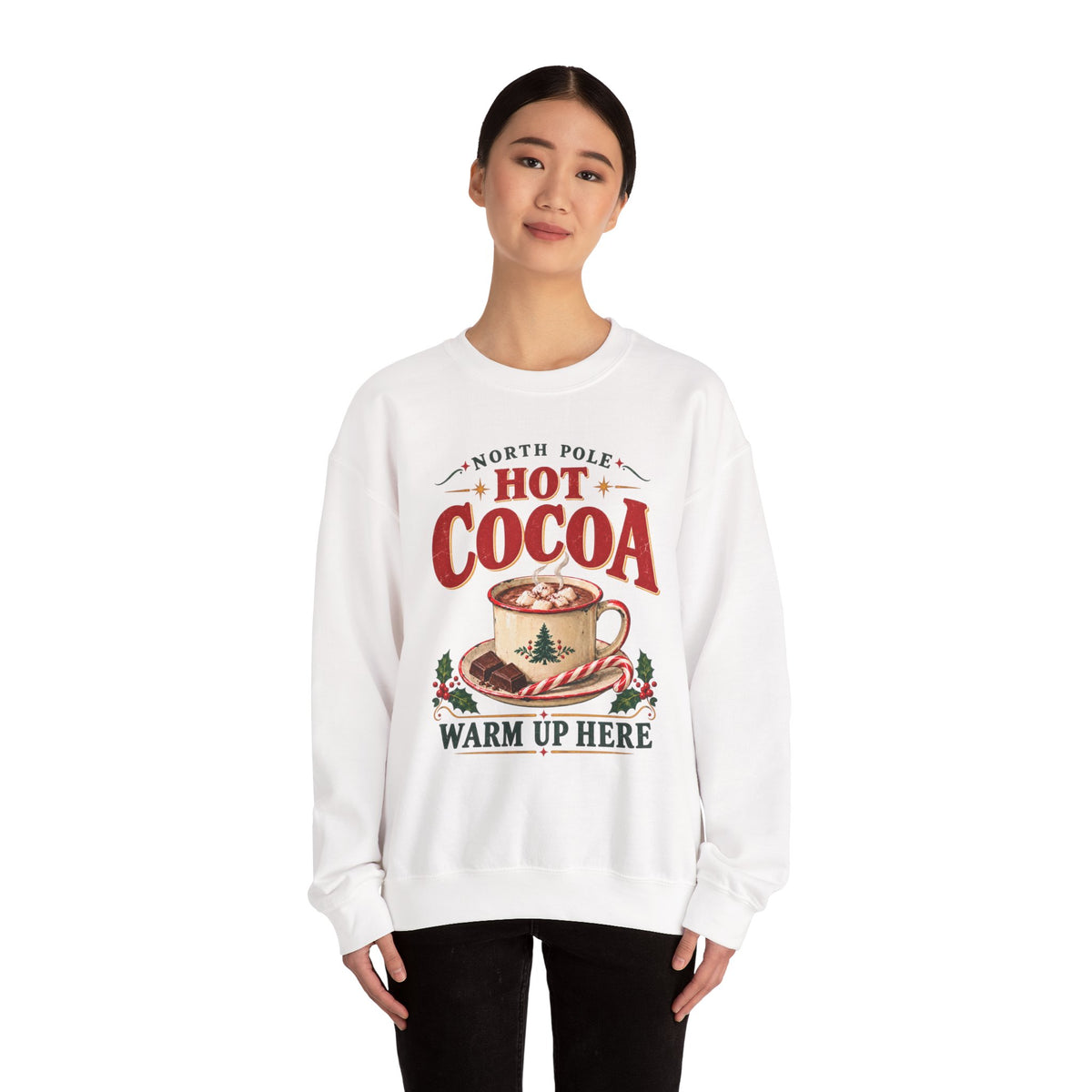 North Pole Hot Cocoa Warm Up Here Christmas sweatshirt