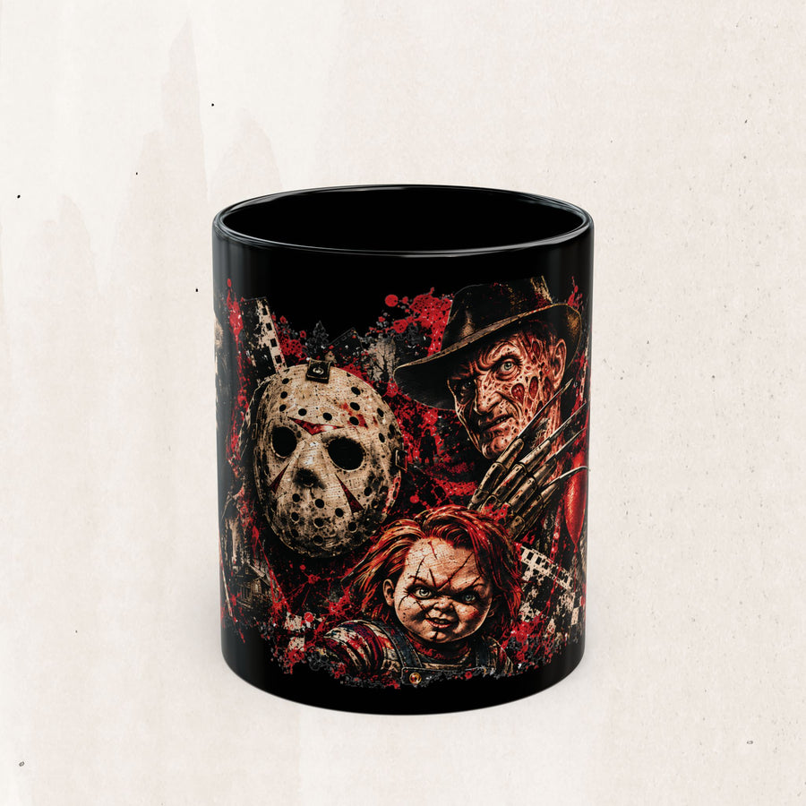 Horror Icons Black Coffee Mug — Classic Slasher & Killer Doll Design (11oz/15oz)