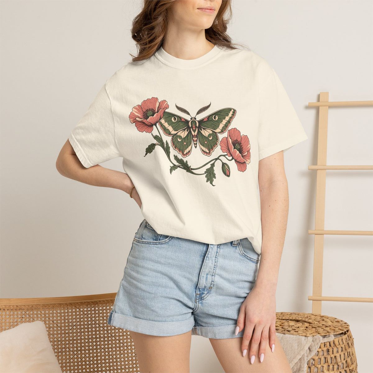 Vintage Moth and Poppy Botanical Tee in Ivory, alternate view