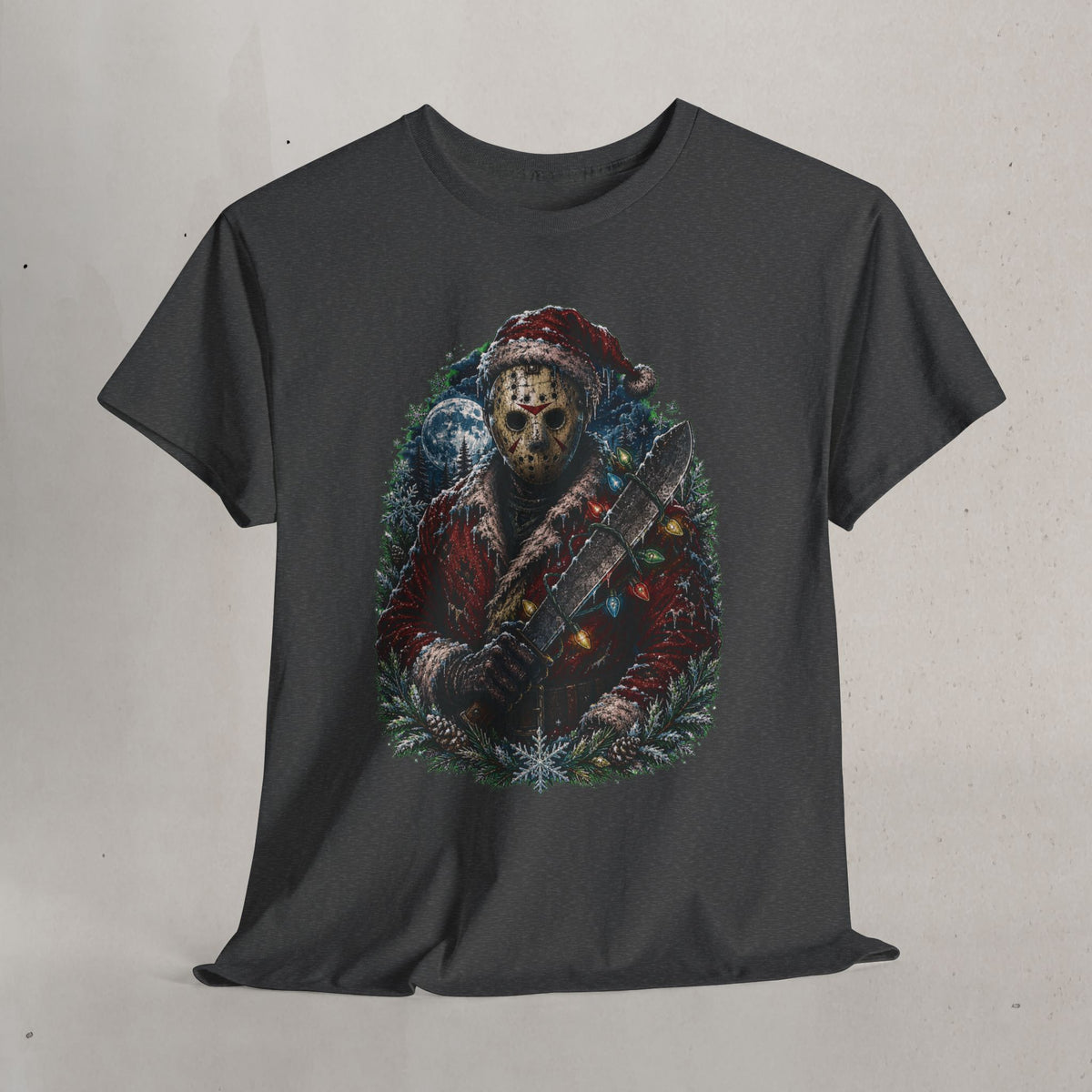 Horror Christmas Tee — Jason Holiday Killer Mask with Festive Machete
