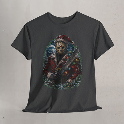 Horror Christmas Tee — Jason Holiday Killer Mask with Festive Machete