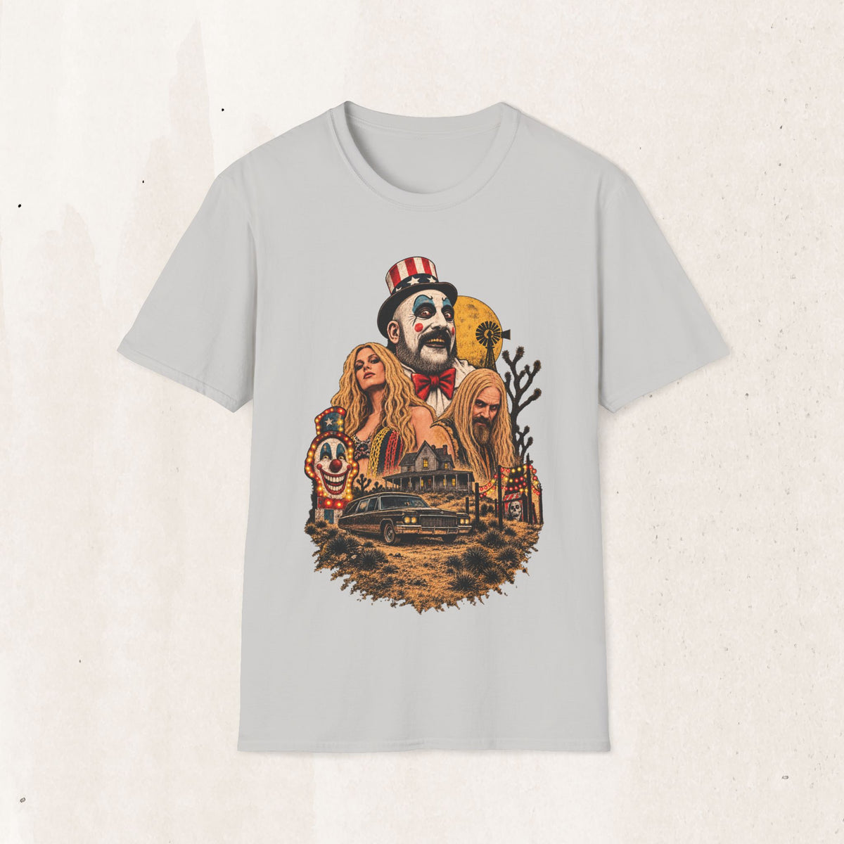 Captain Spaulding Horror Tee — Retro "House of 1000 Corpses" Clown Collage