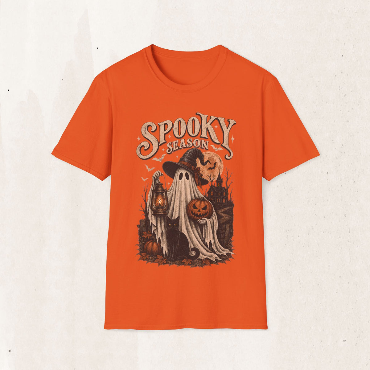 Spooky Season Graphic Tee – Vintage Ghost & Witch Hat Shirt – Orange