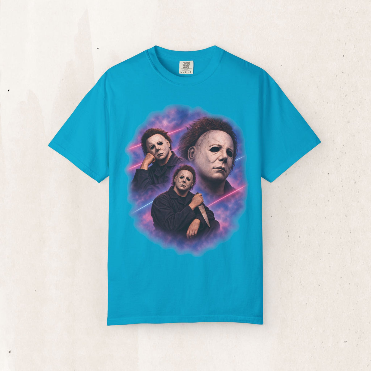Michael Myers 80s Portrait Tee – Retro Purple Horror Graphic Shirt – Sapphire