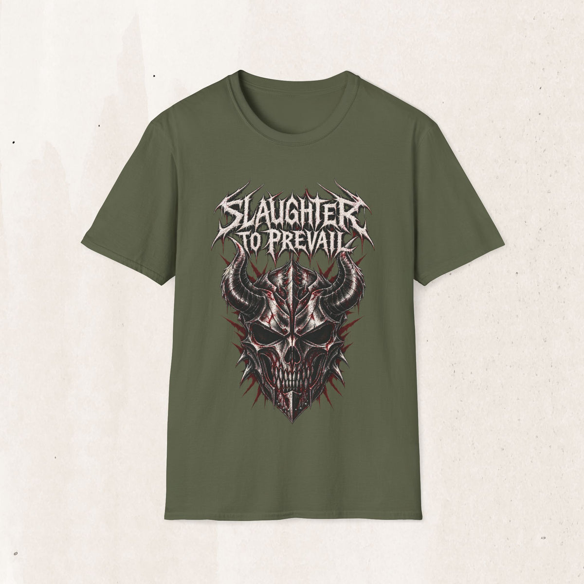 Slaughter To Prevail Distressed Band Tee – Horned Skull Metal Shirt – Military Green