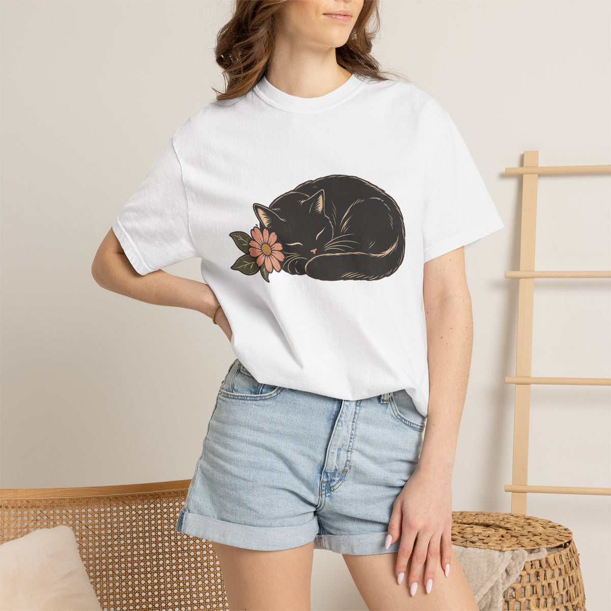 Sleeping Black Cat Tee in Black, alternate view