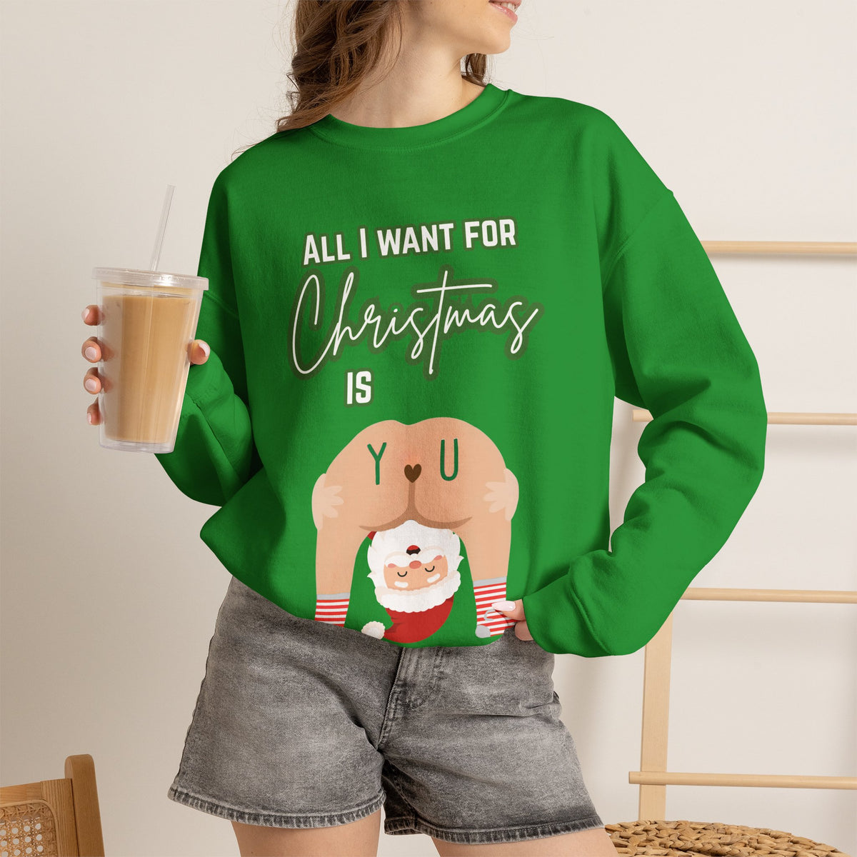 All I Want for Christmas Is You Santa Couples Sweatshirt in Irish Green, alternate view