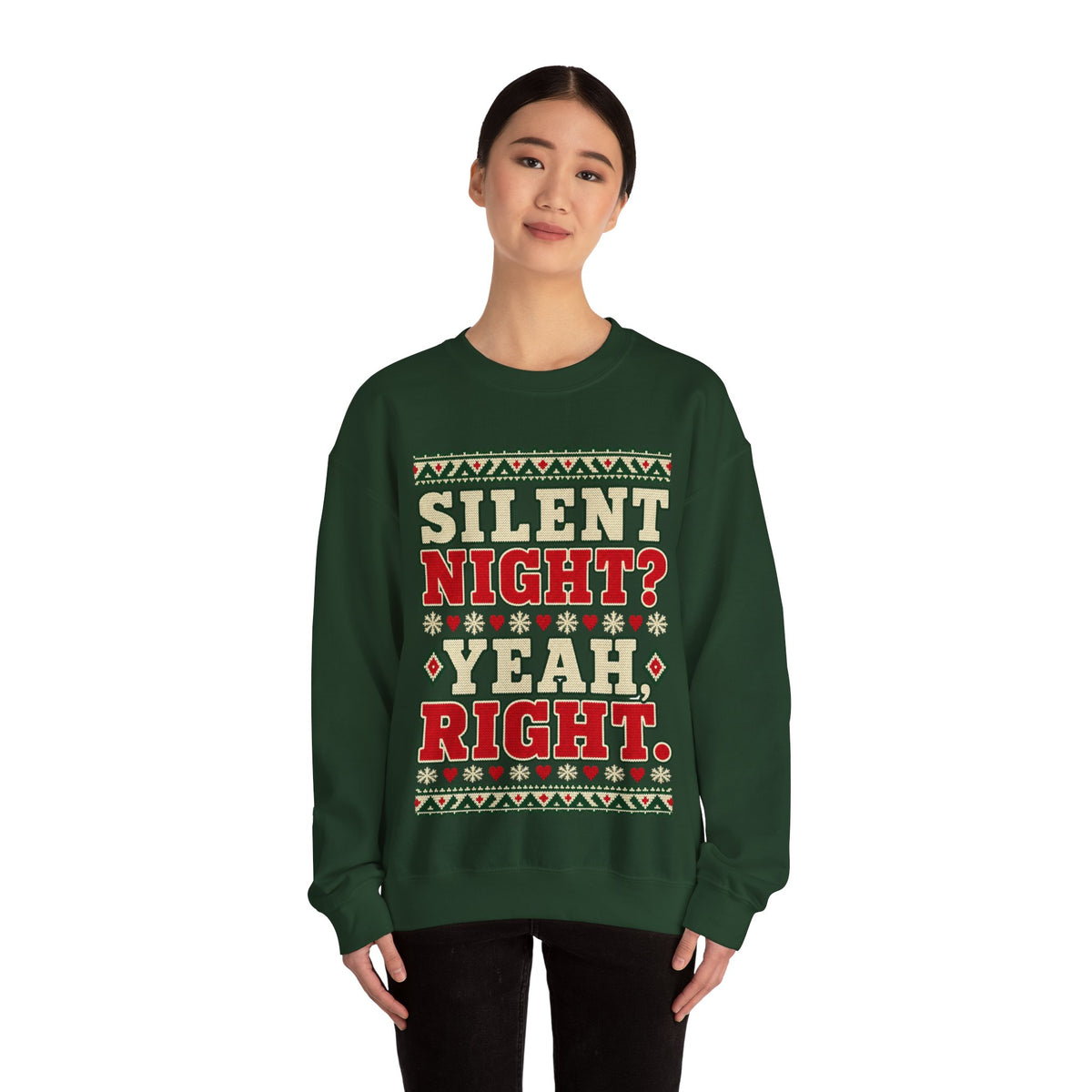 Silent Night? Yeah Right Christmas Crewneck Sweatshirt in Red, alternate view