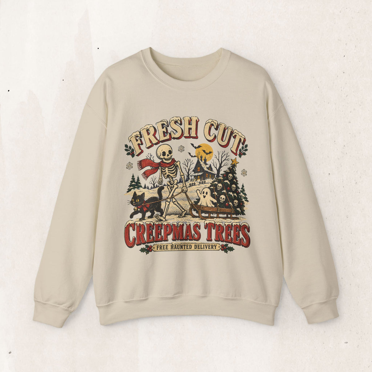 Fresh Cut Creepy Christmas Trees Halloween Sweatshirt, Skeleton Christmas Tree Crewneck