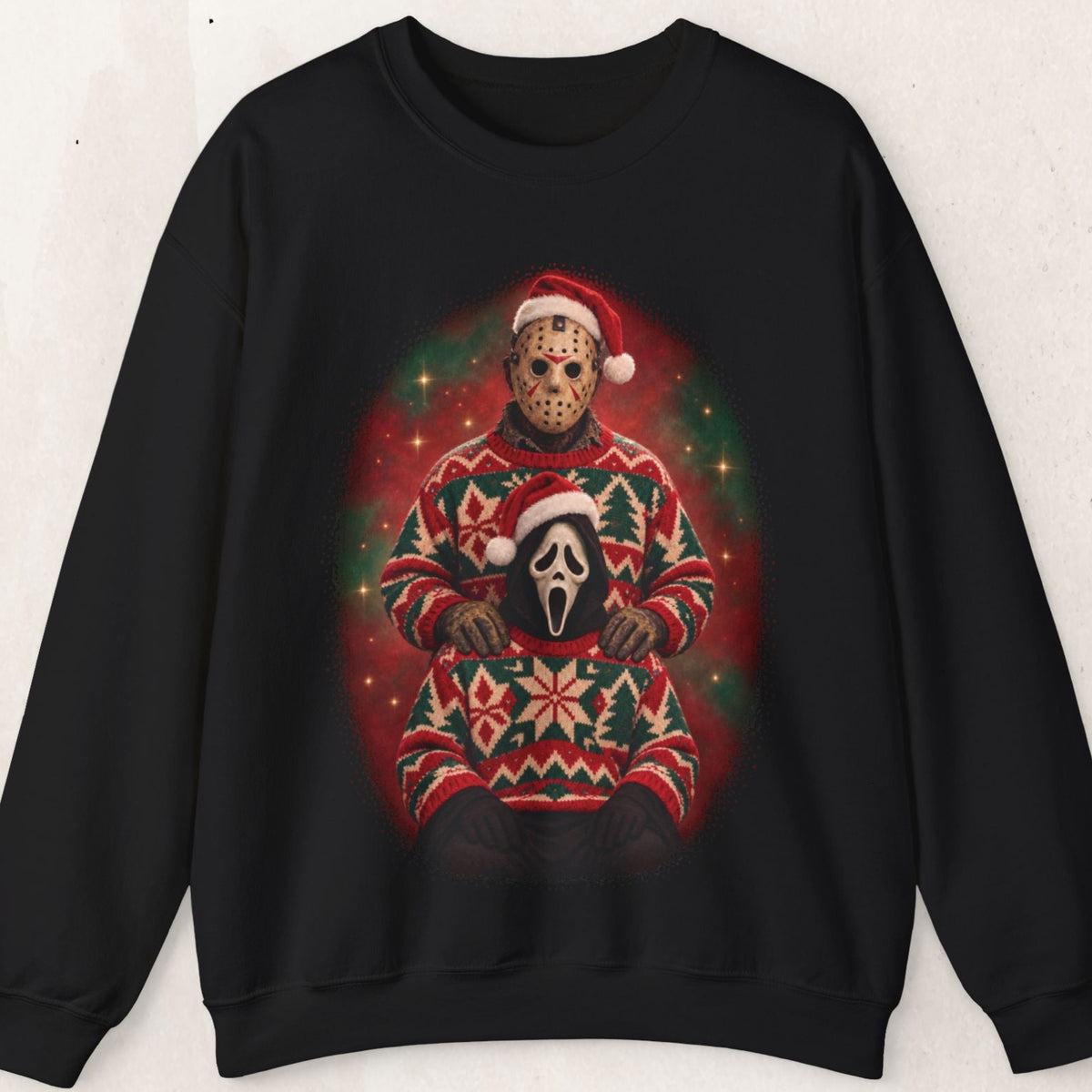 Ghostface and Jason 80s glamour portrait horror Christmas sweatshirt by Wicked Thread Society