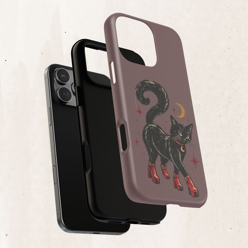 Magnetic Phone Case — Black Cat in Red Boots Design