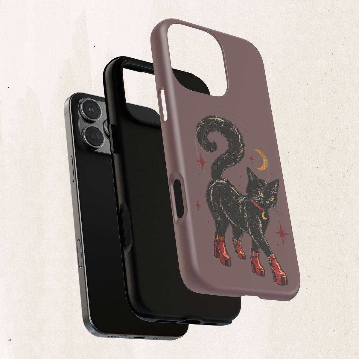 Magnetic Phone Case — Black Cat in Red Boots Design