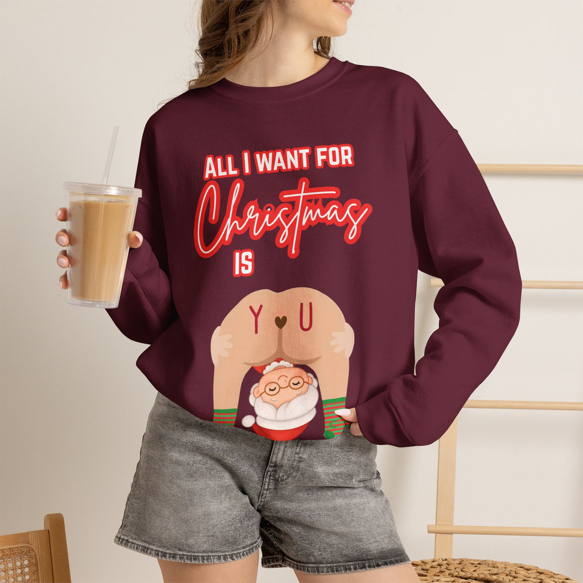 All I Want for Christmas Mrs. Claus Couples Sweatshirt in Maroon, alternate view