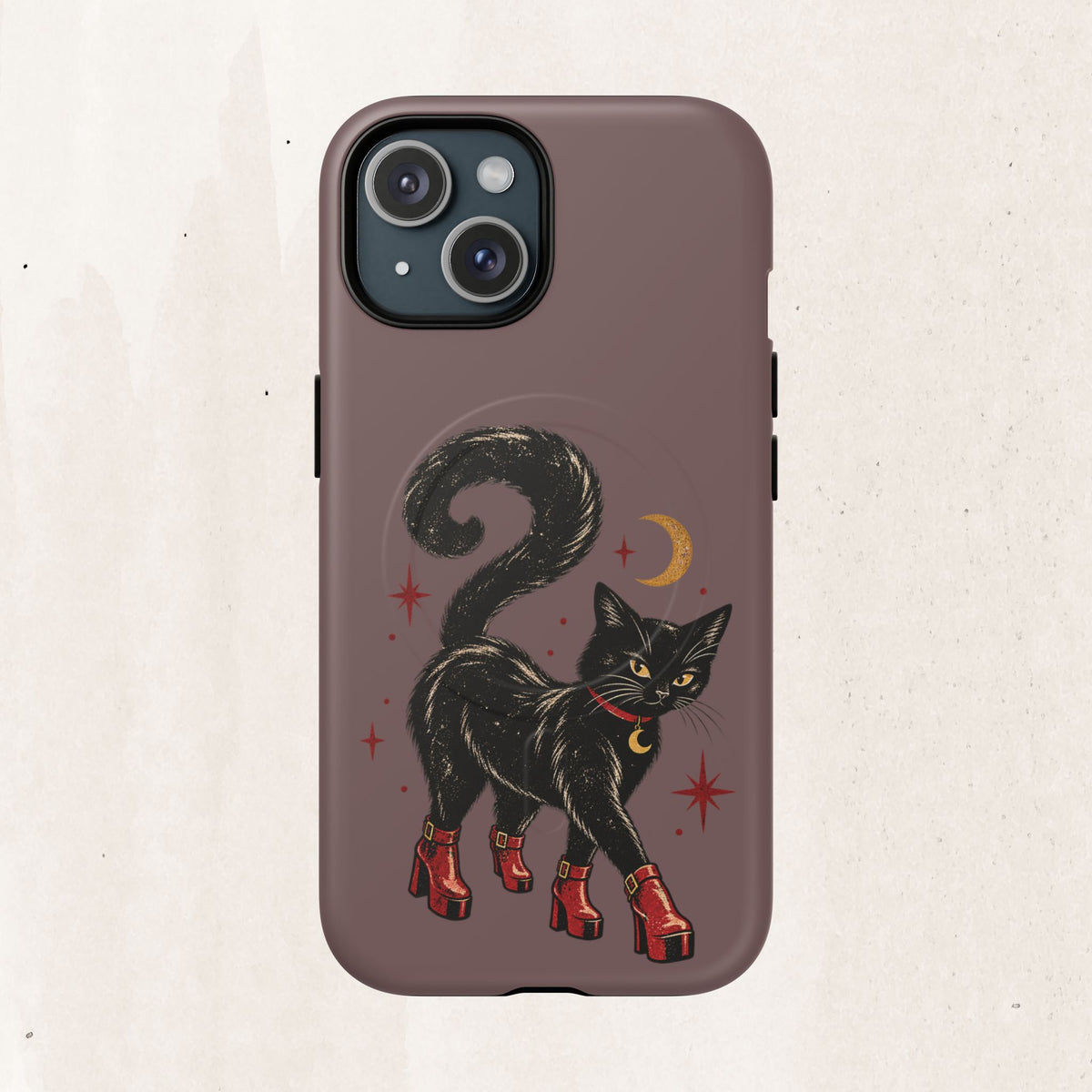 Magnetic Phone Case — Black Cat in Red Boots Design