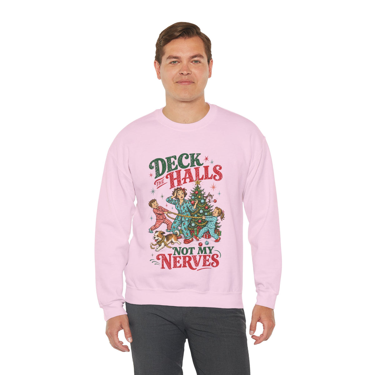 Deck the Halls (Not My Nerves) Christmas Crewneck in Light Pink, alternate view