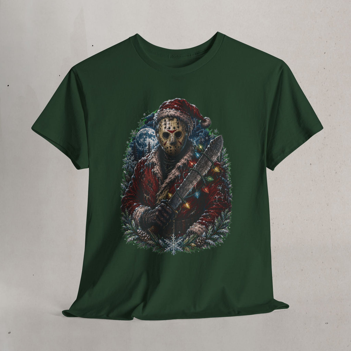 Horror Christmas Tee — Jason Holiday Killer Mask with Festive Machete